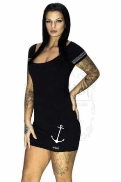 Dr Faust Anchor And Ropes Short Sleeve Black Mini Dress - Nathaly