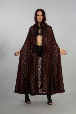 Burleska Cherryl Hooded Cape In Black Lace And Red Mesh Lining