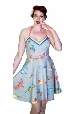 Dr Faust Colourful Birds Retro Grey Mini Dress - Avah