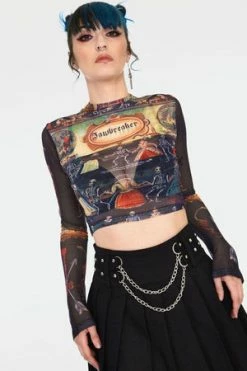 Jawbreaker Skeleton Dance Print Mesh Crop Top