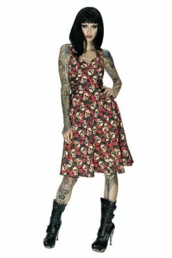 Dr Faust Darkly Skulls And Red Roses Midi Dress - Piper