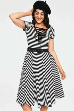 Voodoo Vixen Houdini Black & White Stripe Midi Skater Dress