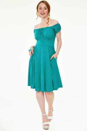 Voodoo Vixen Tessy Gathered Neckline Polka Dot Flare Dress - Image 9