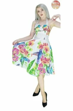 Dr Faust Exotic Birds And Flowers White Midi Dress - Ulani