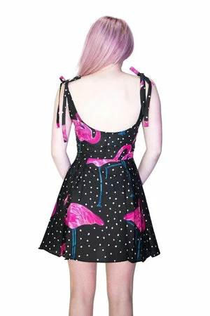 Dr Faust Flamingos White Polka Black Mini Dress - Flo - Image 2