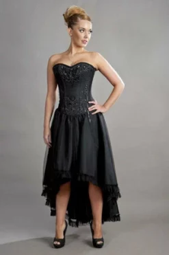 Burleska Geneva Hi-low Prom Corset Dress In Black Taffeta And Black Mesh Overlay