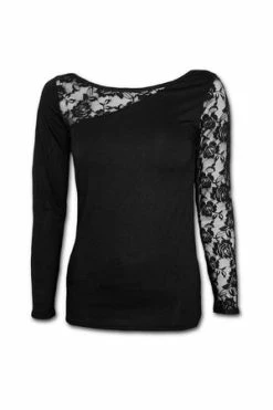Spiral Gothic Elegance - Lace One Shoulder Top Black
