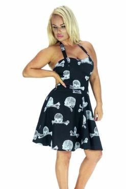 Dr Faust Grey Skull And Bones Halterneck Black Mini Dress - Zia