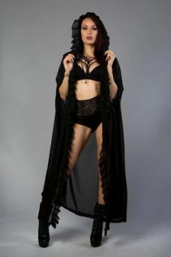 Burleska Hooded Gothic Victorian Cape In Black Chiffon