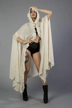 Burleska Hooded Gothic Victorian Cape In Cream Chiffon