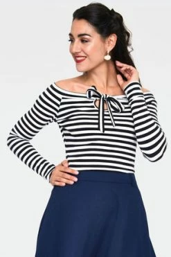 Voodoo Vixen Houdini Black And White Striped Cosy Boatneck Top