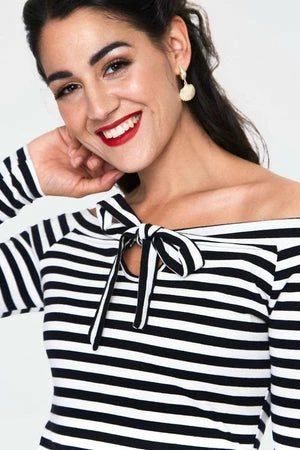 Voodoo Vixen Houdini Black And White Striped Cosy Boatneck Top - Image 5