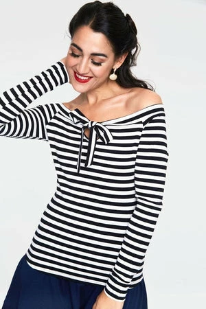 Voodoo Vixen Houdini Black And White Striped Cosy Boatneck Top - Image 4