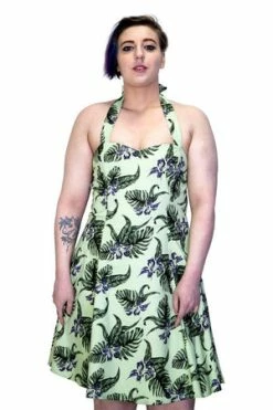 Dr Faust Indigo Flowers Olive Green Rockabilly Midi Dress - Jadis