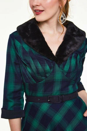 Voodoo Vixen Lola Tartan Dress - Removable Fur Collar - Image 5