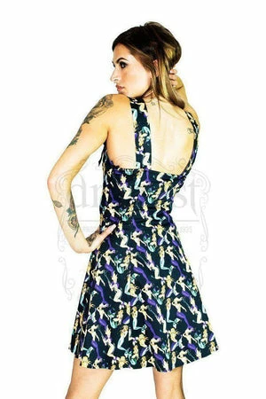 Dr Faust Mermaids Print Black Halterneck Mini Dress - Riley - Image 2