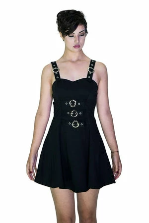Dr Faust Metallic Buckle Black Mini Dress - Elvina