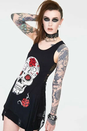 Jawbreaker Mexican Skull And Roses Longline Sleeveless Top With Back Mesh - Image 3