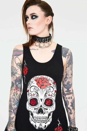 Jawbreaker Mexican Skull And Roses Longline Sleeveless Top With Back Mesh - Image 4