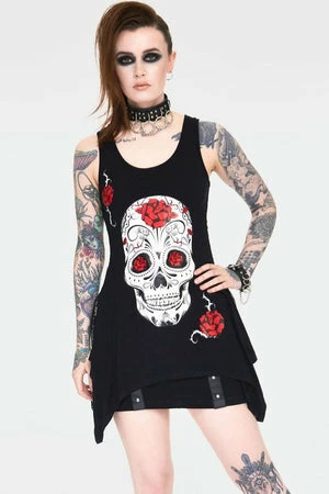 Jawbreaker Mexican Skull And Roses Longline Sleeveless Top With Back Mesh