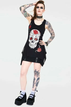 Jawbreaker Mexican Skull And Roses Longline Sleeveless Top With Back Mesh - Image 5