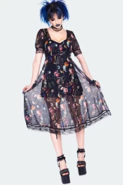 Jawbreaker Night Garden Print Midi Dress With Lace