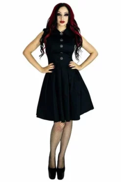 Dr Faust Occult Silver Pentagram Buttons Black Plus Size Midi Dress - Hattie