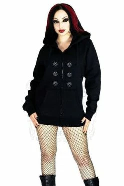 Dr Faust Occult Silver Pentagram Buttons Women's Black Hoodie - Georgia