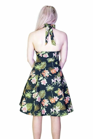 Dr Faust Palm Trees And Exotic Flowers Black Plus Size Retro Midi Dress - Marrama - Image 2