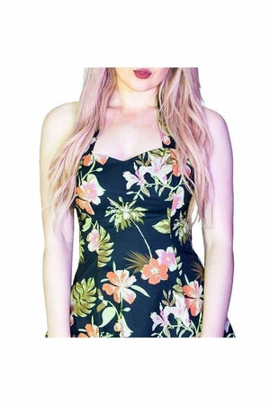 Dr Faust Palm Trees And Exotic Flowers Black Plus Size Retro Midi Dress - Marrama - Image 3