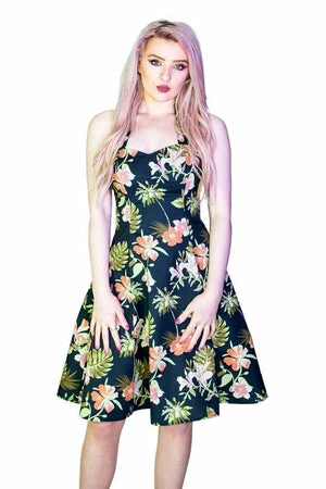 Dr Faust Palm Trees And Exotic Flowers Black Plus Size Retro Midi Dress - Marrama