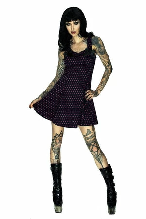 Dr Faust Pink Polka Dots Black Mini Dress - Kathy