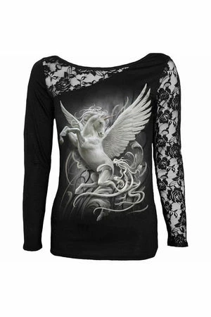 Spiral Purity - Lace One Shoulder Top Black