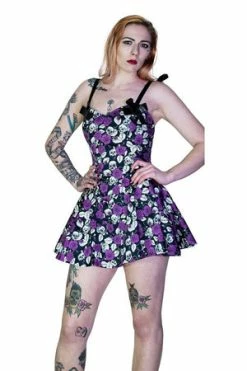 Dr Faust Purple Roses And Skulls Mini Dress - Rebellion