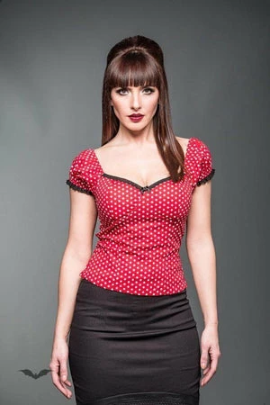 Queen Of Darkness Red Corsage Rockabilly Top With White Polka Dots