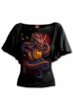Spiral Samurai - Boat Neck Bat Sleeve Top Black