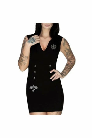 Dr Faust Silver Anchor Buttons Black Mini Dress - Navey - Image 2