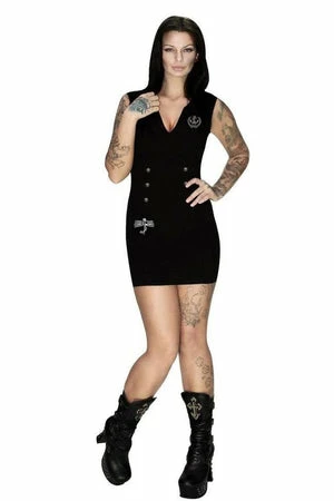 Dr Faust Silver Anchor Buttons Black Mini Dress - Navey