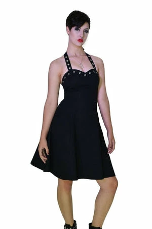 Dr Faust Silver Eyelets Halterneck Black Midi Dress - Simone