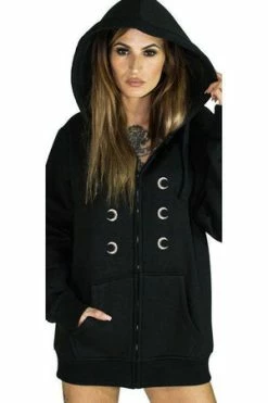 Dr Faust Silver Moon Buttons Nu Goth Women's Black Hoodie - Ximena