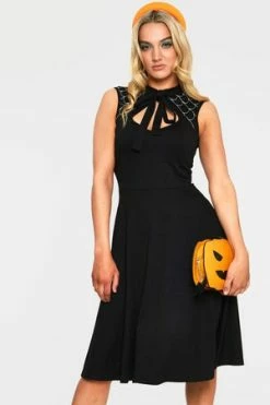 Voodoo Vixen Skye Black Spider Web Tie Neck Dress