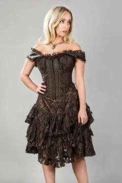 Burleska Sophia Knee Length Corset Dress In Brown Stripe Brocade