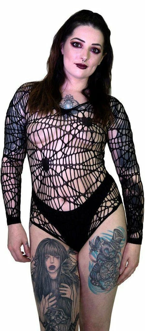 Dr Faust Spider Web Fish Net Black Sheer Bodysuit - Idania