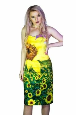 Dr Faust Sunflower Field Summer Colourful Midi Dress - Becka