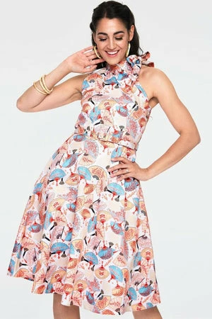 Voodoo Vixen Tabby High Neck Fan Print Summer Dress