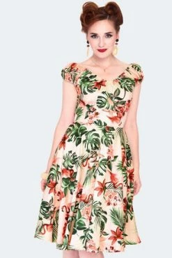 Voodoo Vixen Tropical Flammingo Print Off Shoulder Flare Dress