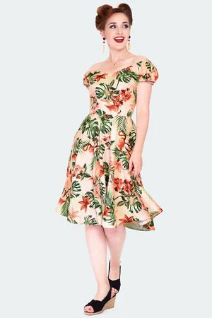 Voodoo Vixen Tropical Flammingo Print Off Shoulder Flare Dress - Image 4