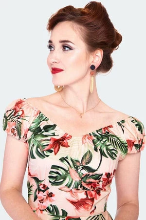 Voodoo Vixen Tropical Flammingo Print Off Shoulder Flare Dress - Image 5