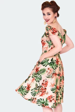 Voodoo Vixen Tropical Flammingo Print Off Shoulder Flare Dress - Image 2