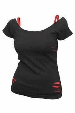 Spiral Urban Fashion - 2In1 Red Ripped Top Black